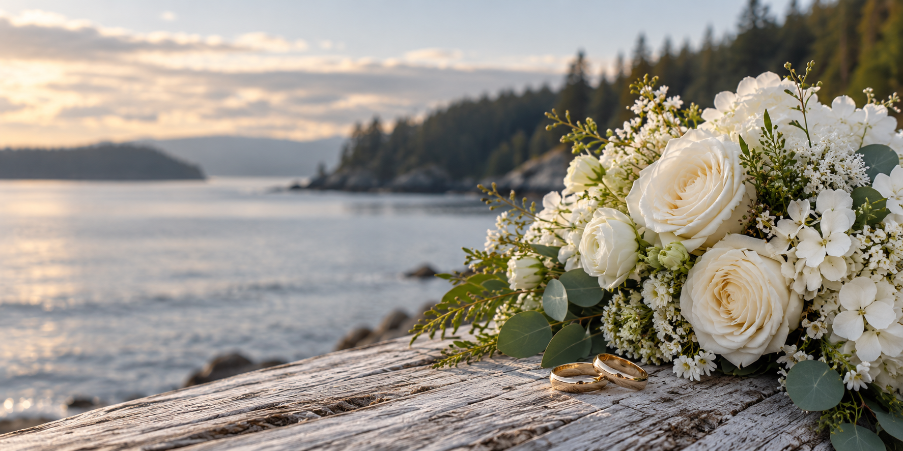 Wedding rings and white flowers beside a peaceful Pacific Northwest waterfront